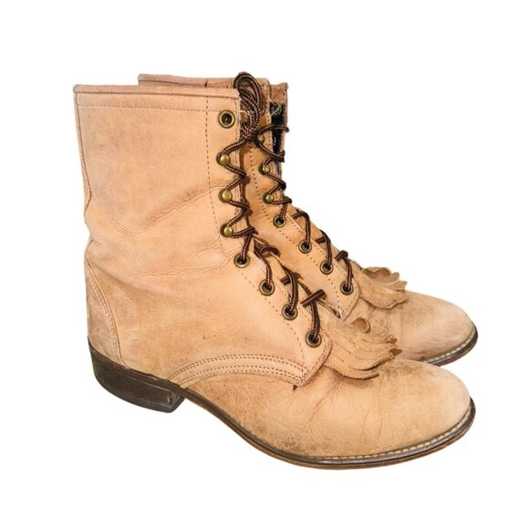 Laredo Womens Tan Leather Lace-Up Fringe Western Cottage Core Cowgirl Boots 8M - Picture 2 of 9